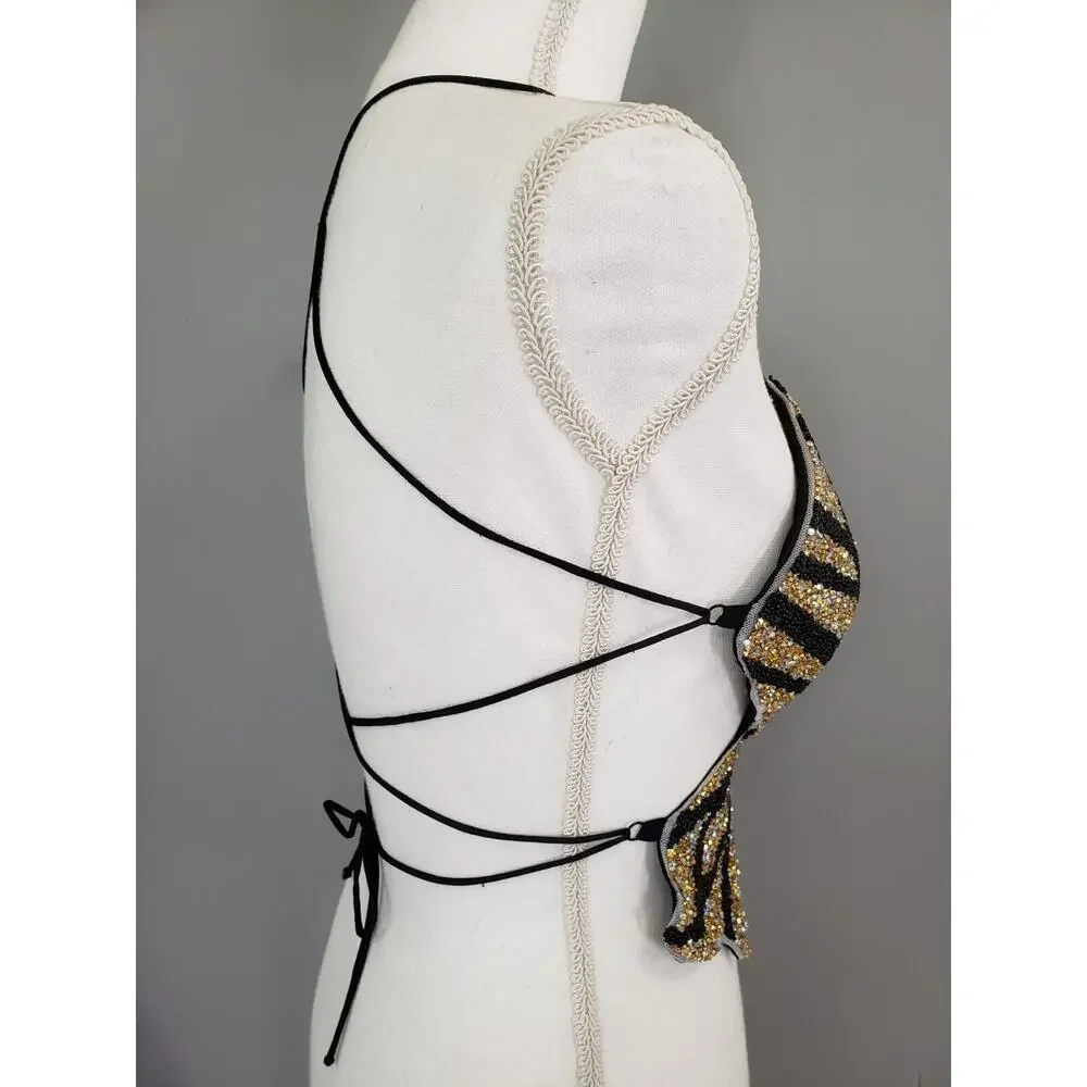 Vintage 00s Butterfly Crop Top Gold Black Rhinestones Strappy Open Back y2k 2000 - Picture 5 of 12